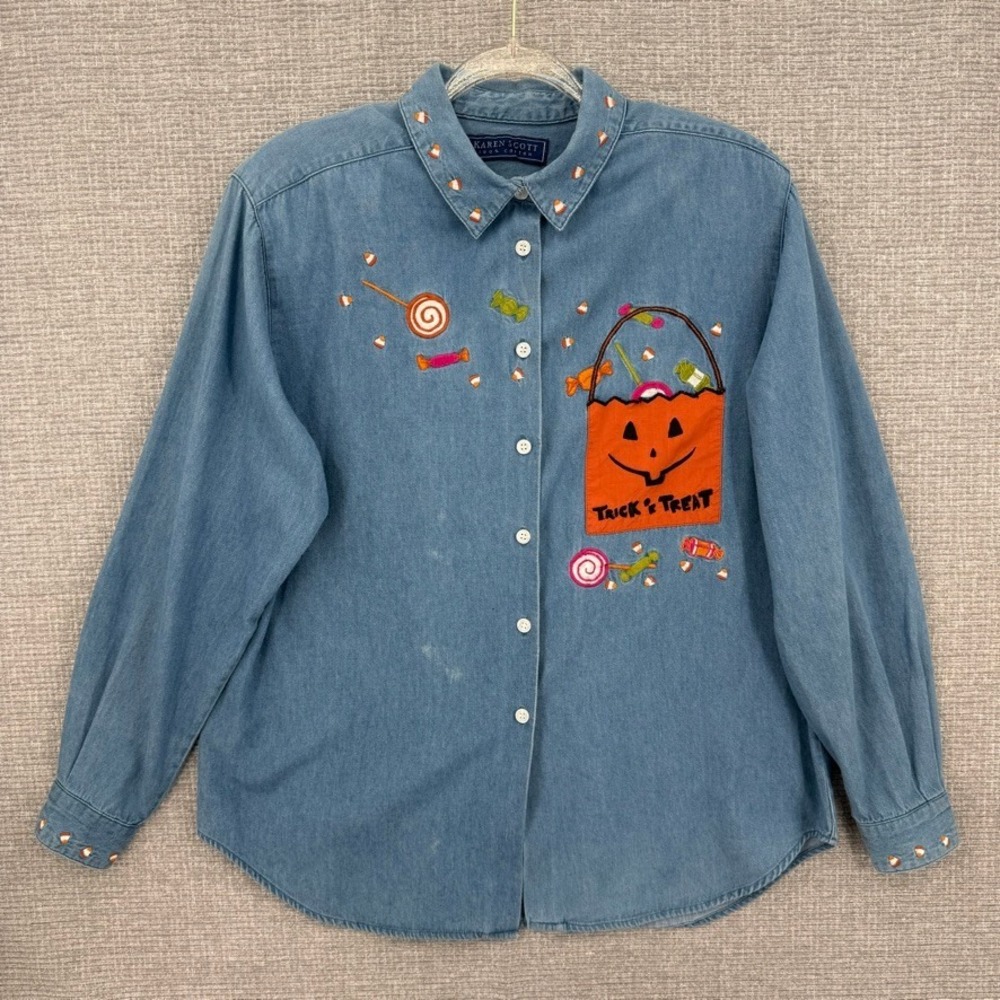 Vtg Karen Scott Halloween Denim Shirt Women L Blue Trick or Treat Embroidered